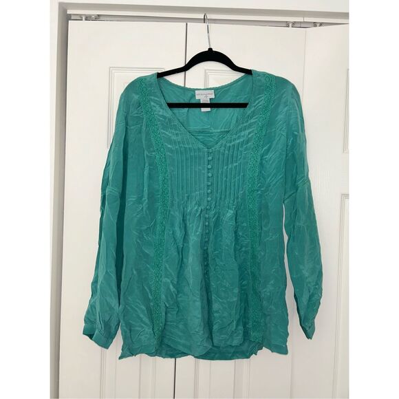 Soft Surroundings Green Blue Teal Button Blouse, 100% Silk Top, Size Small - Picture 3 of 11